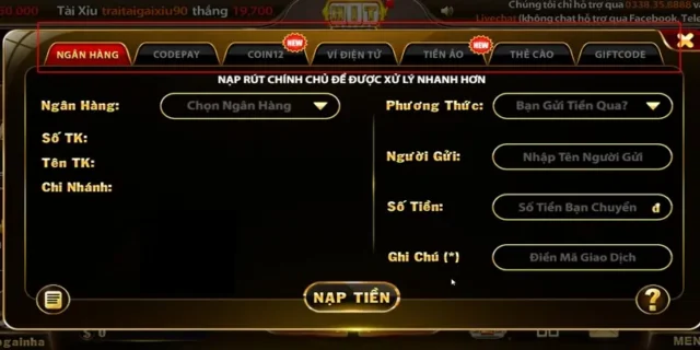 Giao diện nạp tiền hiện đại, dễ sử dụng